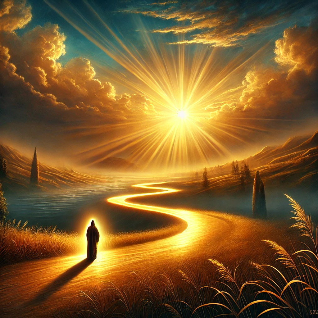 image representing Zechariah’s prophecy in Luke 1:68-79, depicting a serene dawn breaking over a peaceful landscape, symbolizing the way of peace and divine presence
