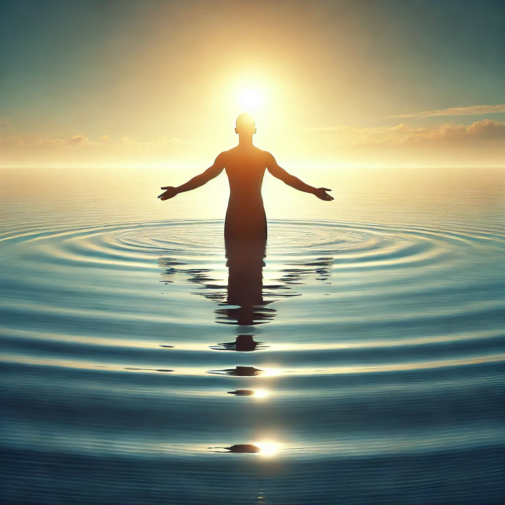 image representing baptism, with man in water, open arms