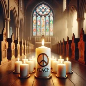 an image depicting a peaceful church sanctuary with the Advent Candle of Peace glowing softly, symbolizing inner and communal peace through faith