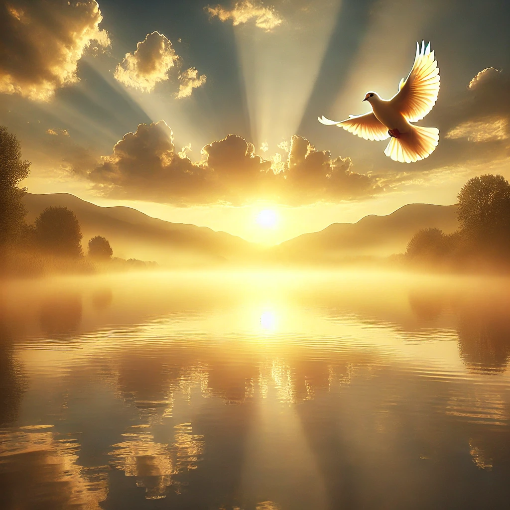 a serene lakeside sunrise with mist rising from the water and a dove soaring overhead, symbolizing renewal and spiritual reflection