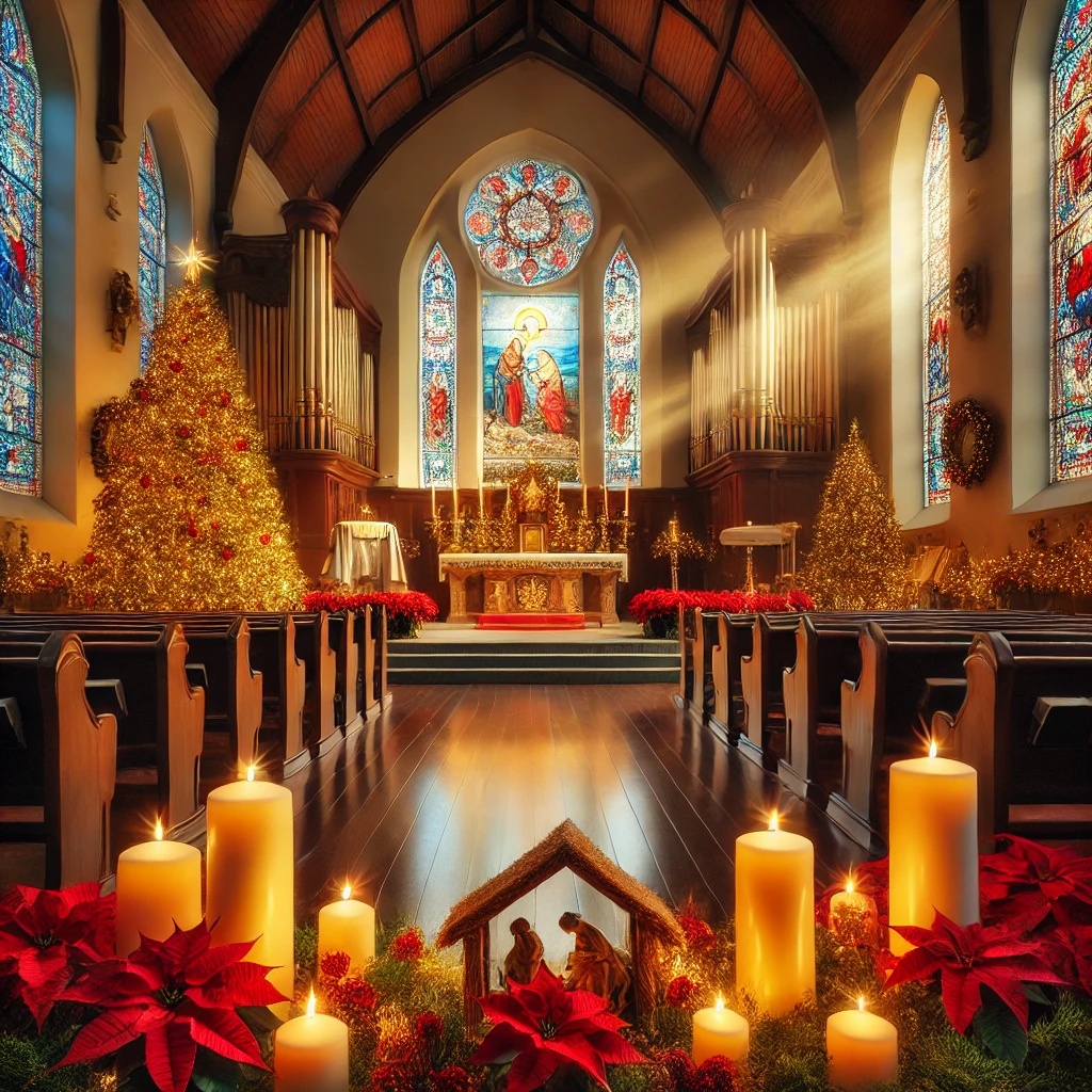 an image representing warm and reverent atmosphere of a Christmas-decorated church sanctuary