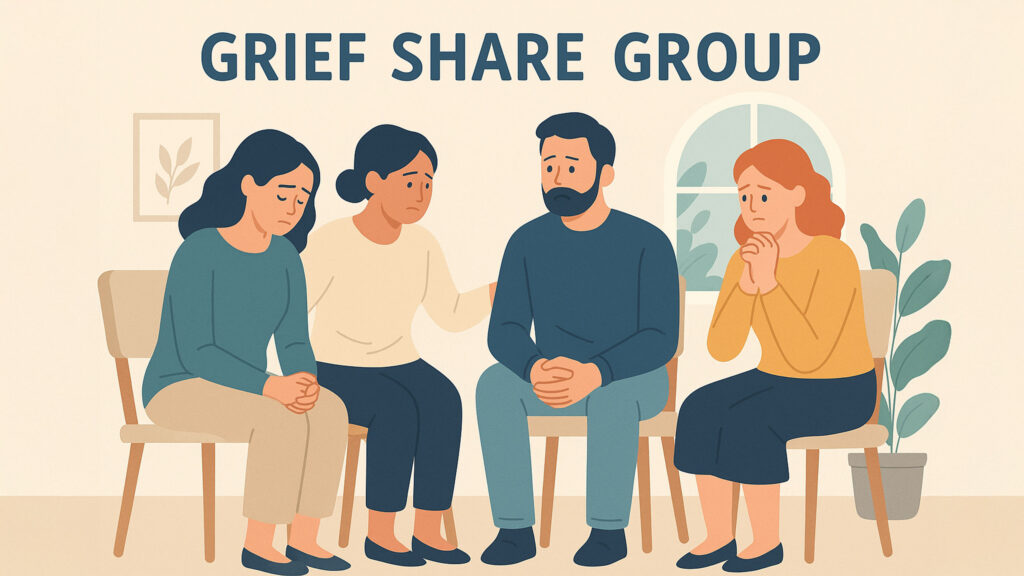 illustration of a group of people gathered in a social settings, their faces have expressions of sadness
