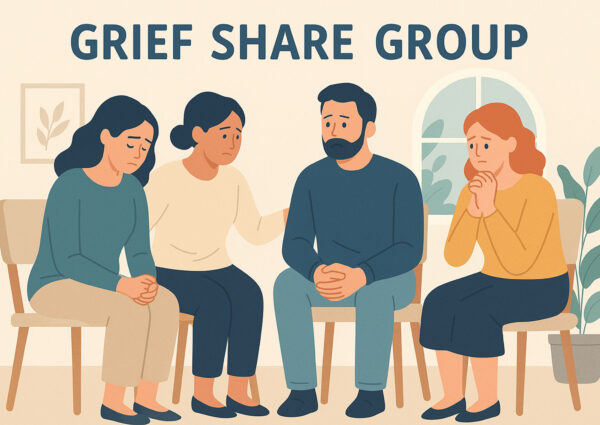 illustration of a group of people gathered in a social settings, their faces have expressions of sadness