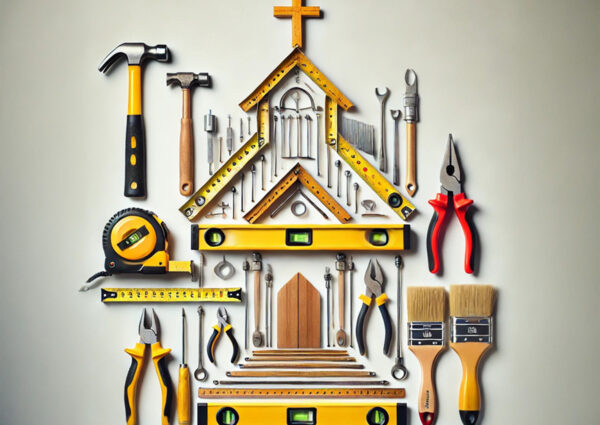 a church image using hand tools, designed to represent the Facilities & Maintenance Fund in a visually engaging way