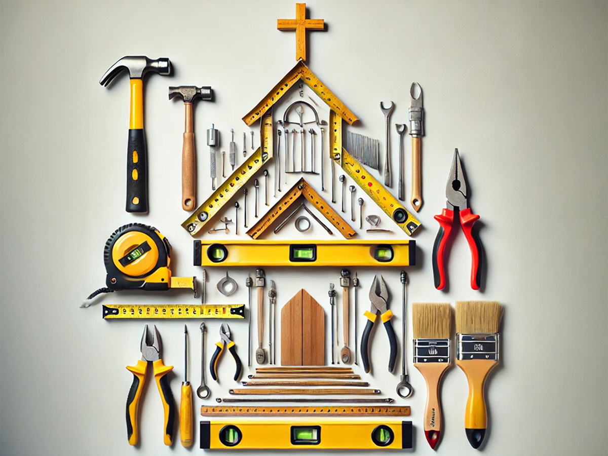 a church image using hand tools, designed to represent the Facilities & Maintenance Fund in a visually engaging way