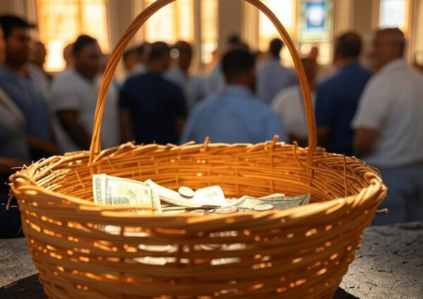 image of a traditional church collection basket, symbolizing the nostalgic memory of giving as a child and reflecting on its importance as an adult