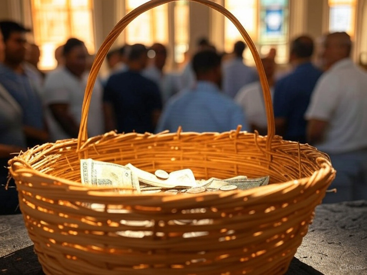 image of a traditional church collection basket, symbolizing the nostalgic memory of giving as a child and reflecting on its importance as an adult