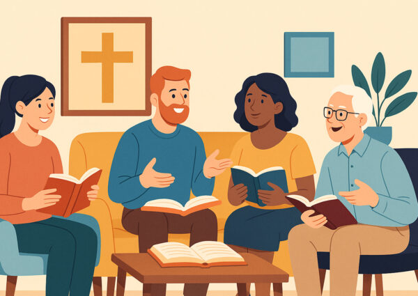 illustration depicting a social gathering of people discussing the bible