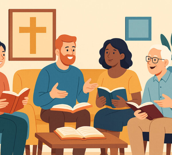 illustration depicting a social gathering of people discussing the bible