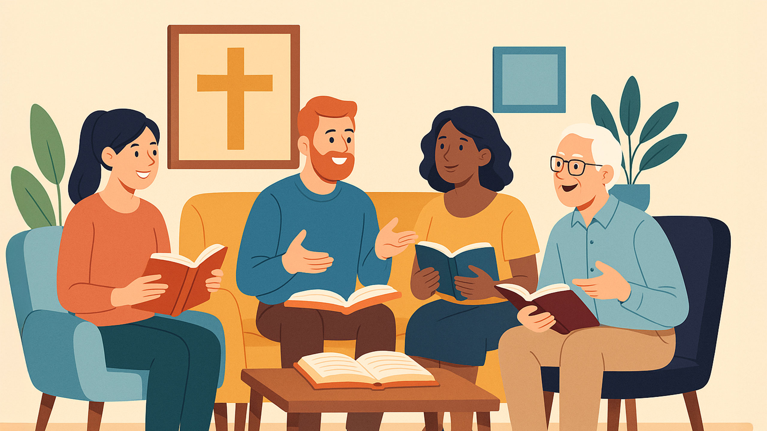 illustration depicting a social gathering of people discussing the bible